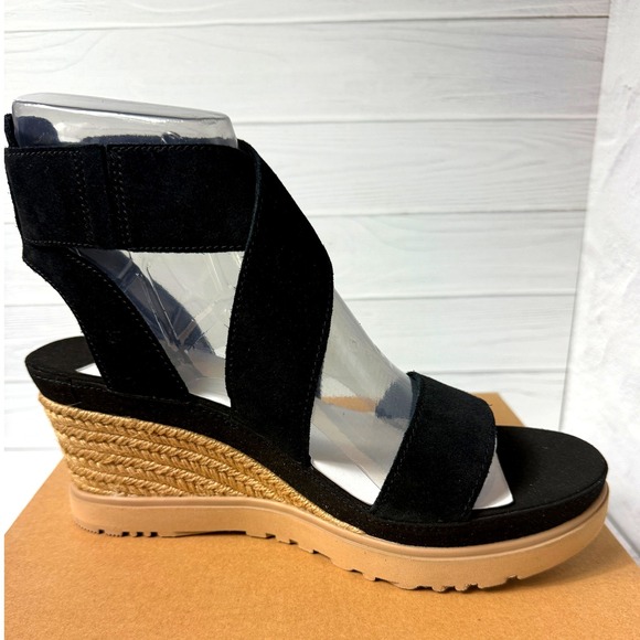 NIB UGG Ileana Ankle Strap Espadrille Platform Wedge Sandals Black Suede 10 - Picture 8 of 12
